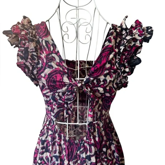 House Of Harlow 1960 Tiered Maxi Dress Tie Back Flutter Sleeve Purple Magenta XS - Picture 9 of 13